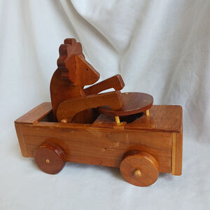Vintage Handmade Wooden Lion Folk Art Toy Car